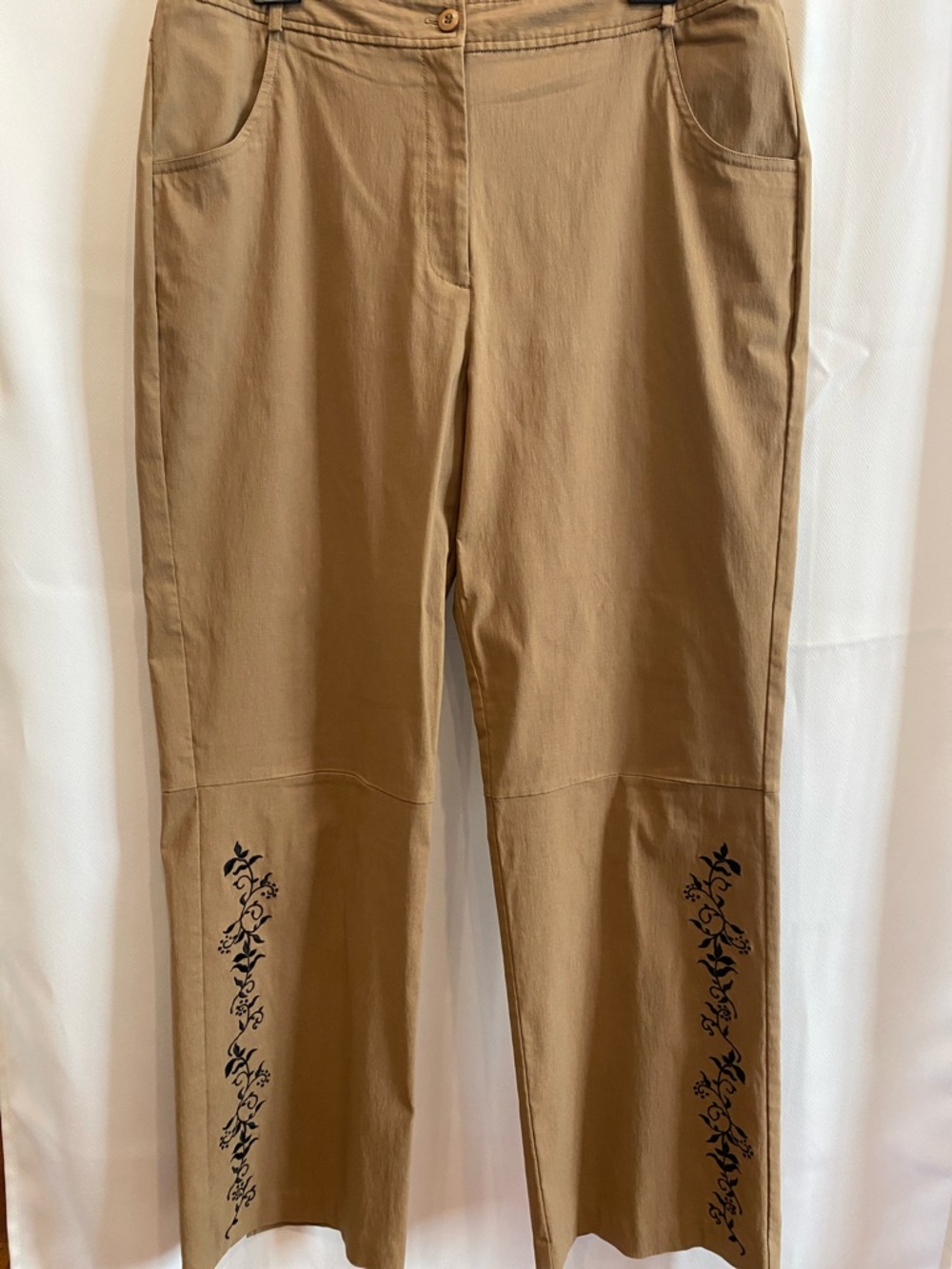 Relativity Tan Pants with Black Floral Embroidery